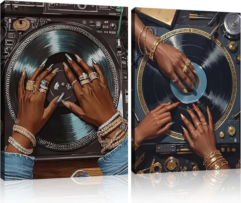 Vintage Music Vinyl Record Wall Art Set of 2 Hip Hop Canvas Print stylish Retro Woman hand vinyl record posterstylish poster or Living Room Bedroom Office Music Home Wall Decor Frameless Poster 16x24 In