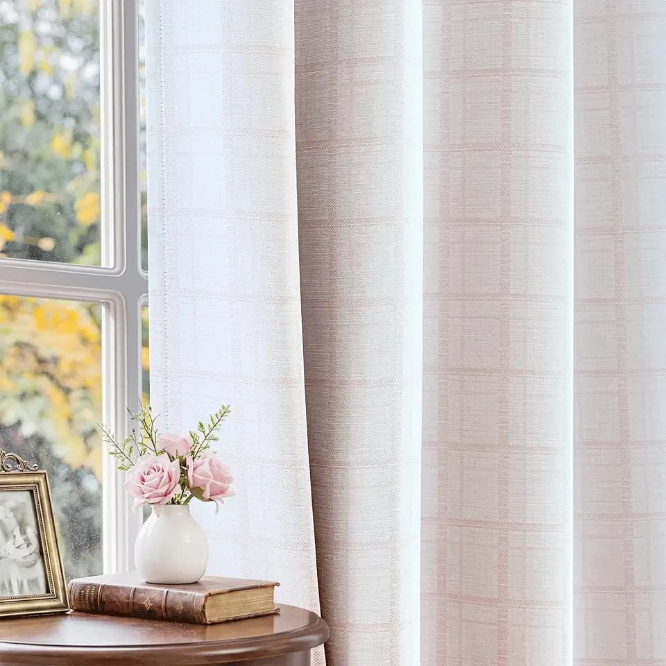 Beauoop Pink Plaid Jacquard Blackout Curtains for Bedroom 52x84 2 Panels