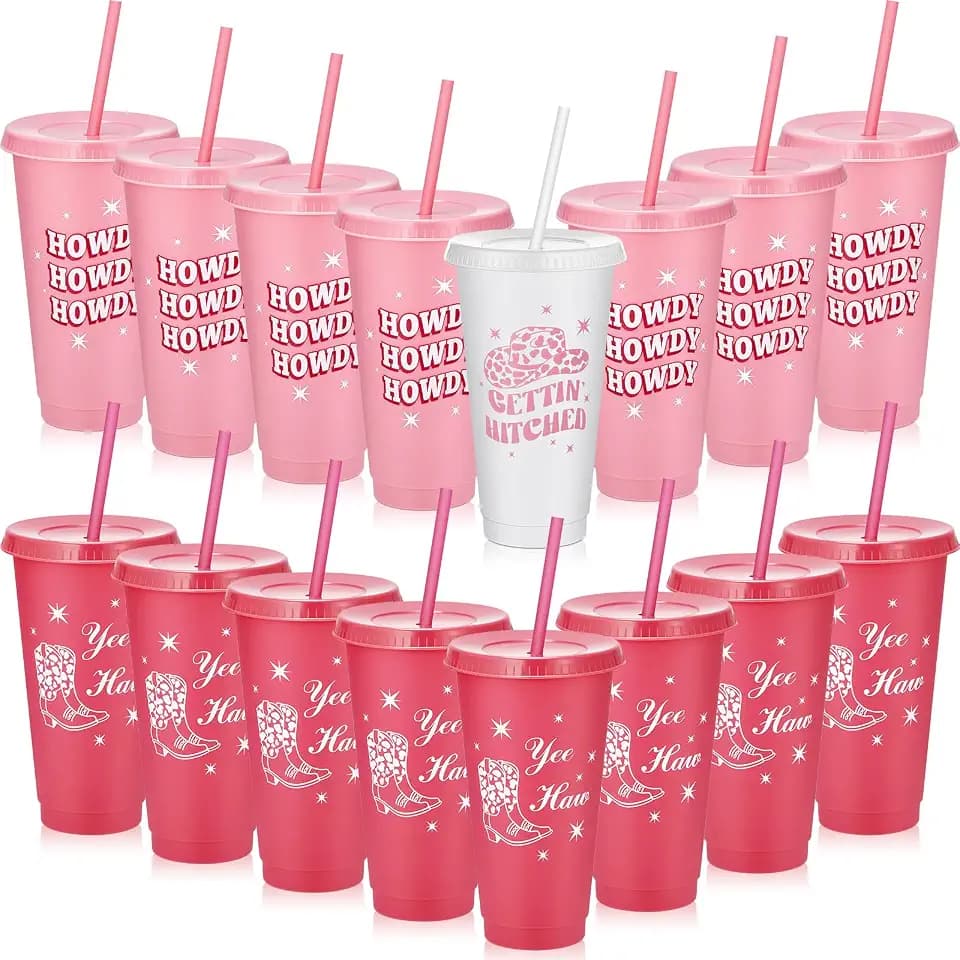 Tessco for you 16 Pcs Bridesmaid Cups with Lids and Straws 24 oz Reusable Bridesmaid Tumblers Plastic Cups Bridal Party Supplies for Wedding Gifts Decorations(Disco Cowgirl)
