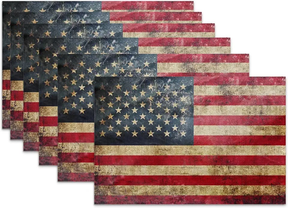 American Flag Placemats Set of 6,Retro Heat Resistant Table Mats Washable Place Mats for Party Kitchen Farmhouse Home Dining Holiday Decor 12x18 Inch