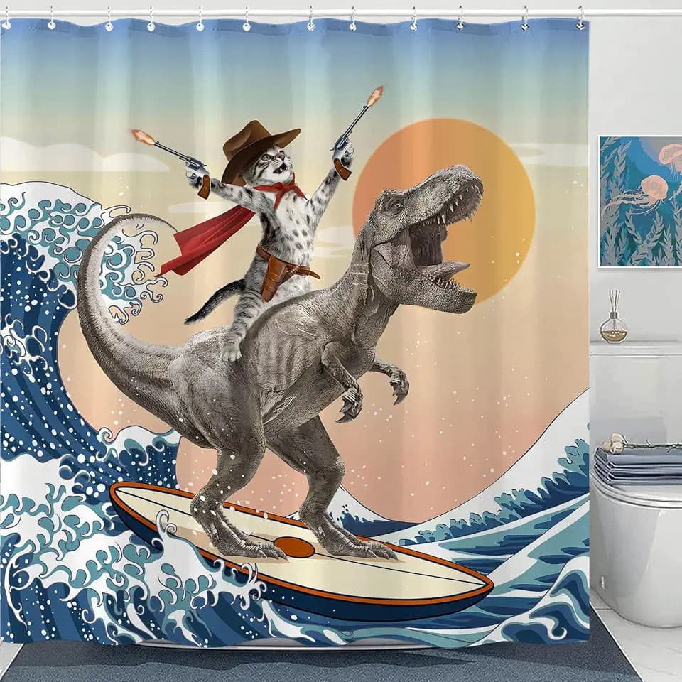 Yeoiat Funny Cat Shower Curtain Cool Cat Riding Dinosaur Surfing in Ocean Wave, Cute Shower Curtain Set 12 Hooks for Bathroom Decor, (72"x72")