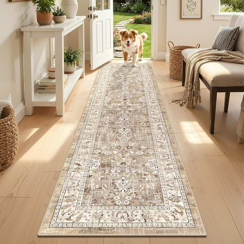 LOKHOM 2x8 Hallway Runnner Rug, Boho Non-Slip Washable Kitchen Rugs, Beige