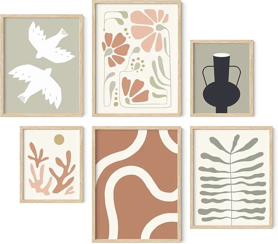 HAUS AND HUES Framed Boho Wall Art Set – Mid-Century Modern Botanical Prints, Neutral Coral Artwork, Gallery Wall Decor (Beige Frame)