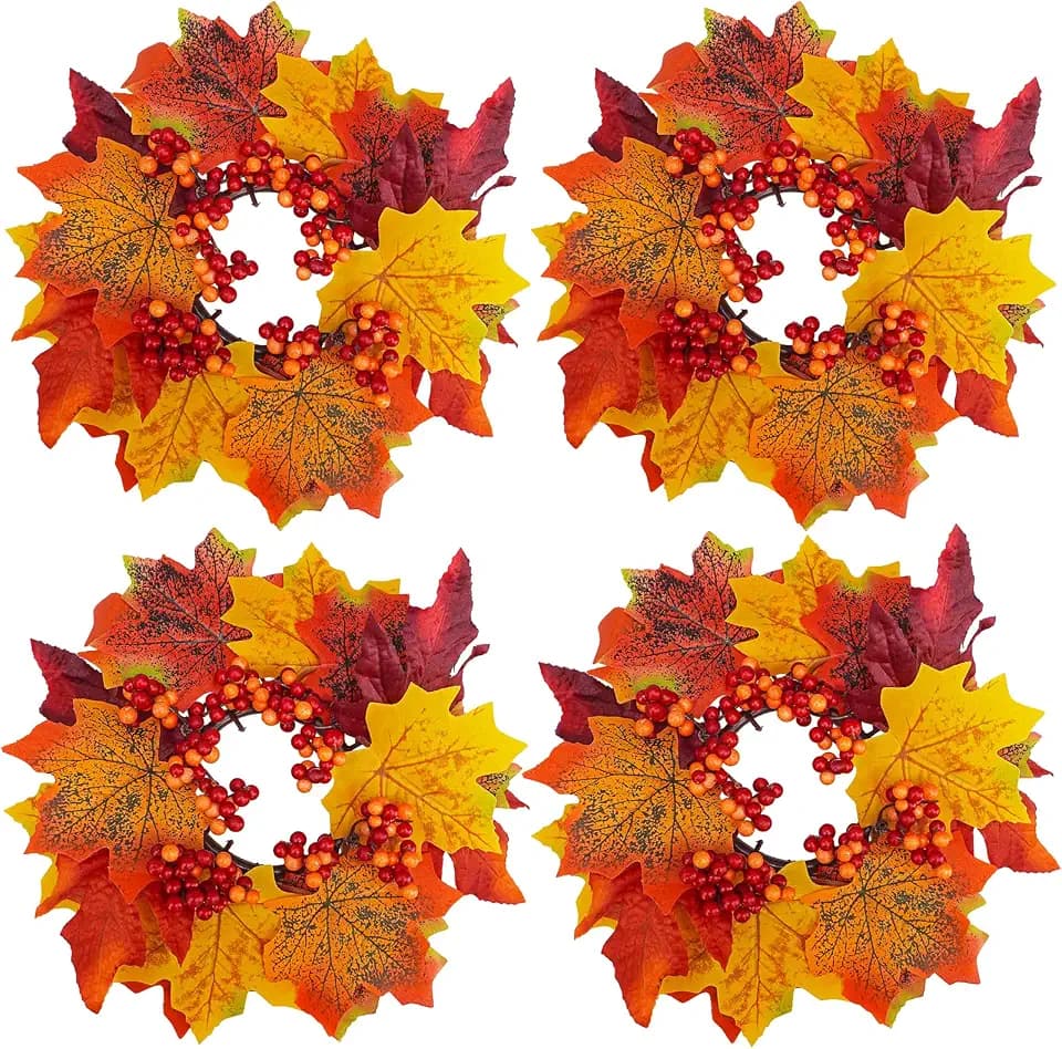 Winlyn 4 Pcs Artificial Maple Leaves and Berries Candle Rings Fall Candle Holders Small Candle Wreath Rings 11" Wide for Farmhouse Fall Thanksgiving Halloween Wedding Centerpiece Table Door Décor