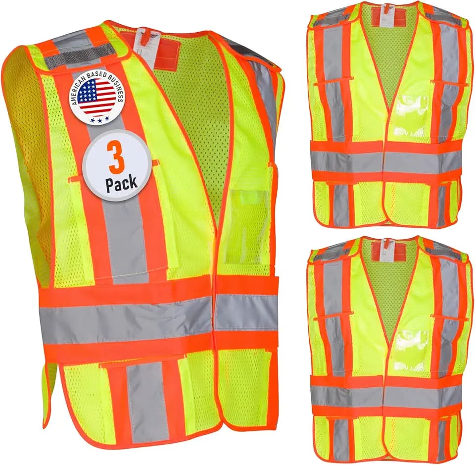 High Visibility Safety Vest – ANSI Class 2 Breakaway Vest with 5 Pockets, Yellow with Adjustable Hook and Loop Closure, Breathable Mesh, Heavy Duty Work Wear for Men or Women, 3 Pack (Medium/Large)