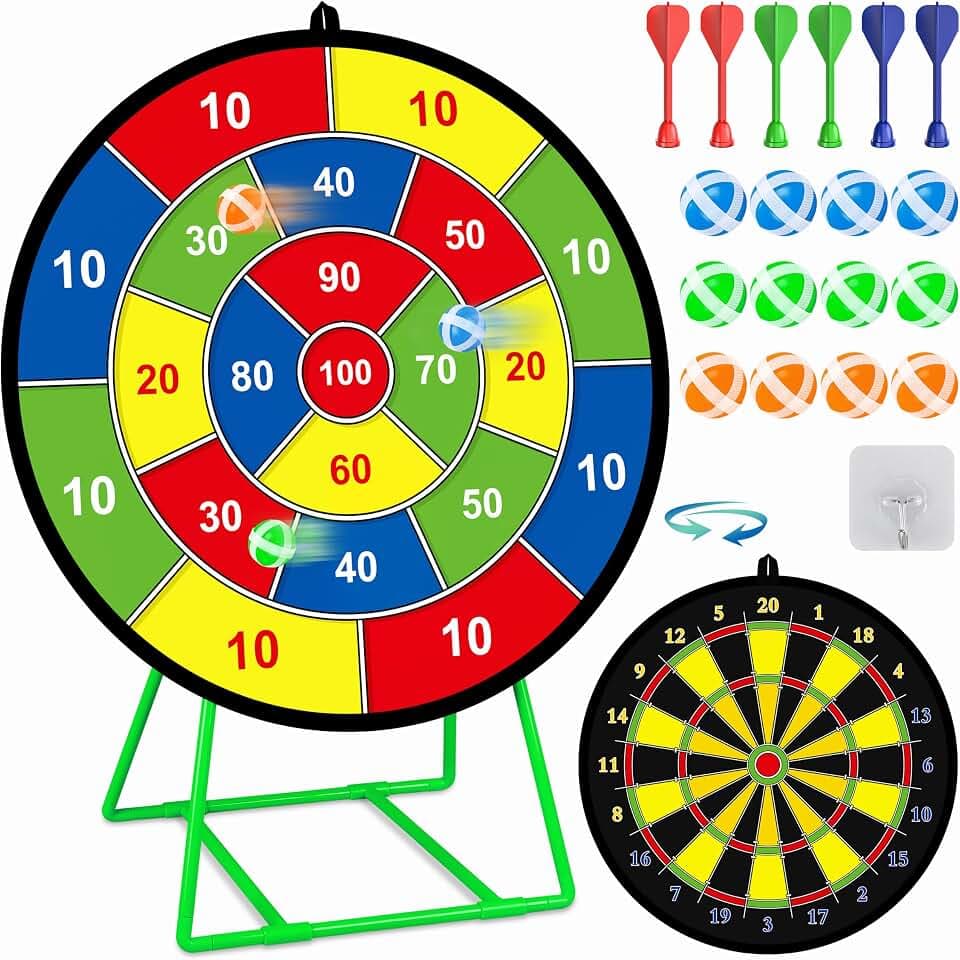 Large Double Sided Kids Dart Board with Stand, 12 Sticky Balls & 6 Darts
