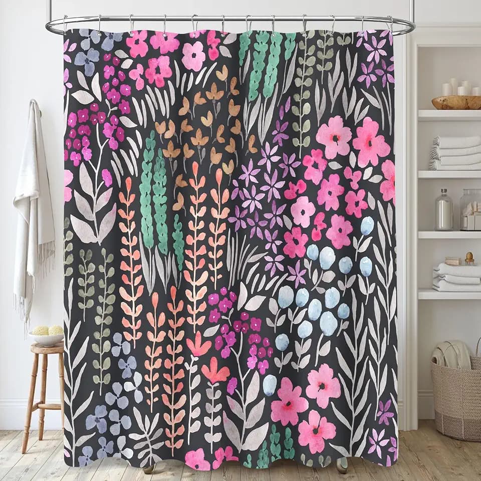 Black Pink Floral Shower Curtain for Cute Boho Flower Bathroom Decor 72x72