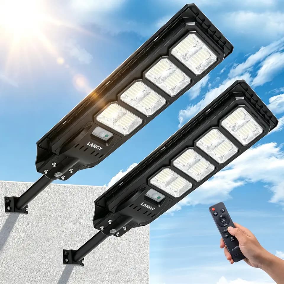 LANGY 2PACK Solar Street Lights Outdoor Lamp 200000 lumens with Remote Control,Dusk to Dawn Motion Sensor,IP66 Waterproof Solar Powered Outdoor Lamp for Parking Lots,Yard,Barn Basketball Court