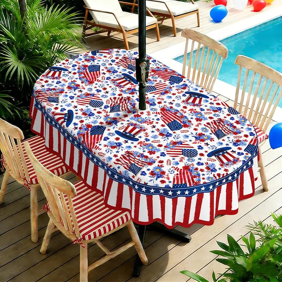 Outdoor Tablecloth with Umbrella Hole and Zipper, 4th of July Waterproof Patio Table Covers, Oval 60" x 84" Patriotic Independence Memorial Day Decor