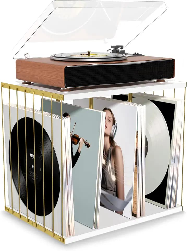 Emfogo Vinyl Record Storage, Metal & Wooden Vinyl Record Holder Up to 80 Album, 3-Compartment Record Player Stand for Magazine, Book, Files, Albums (White)