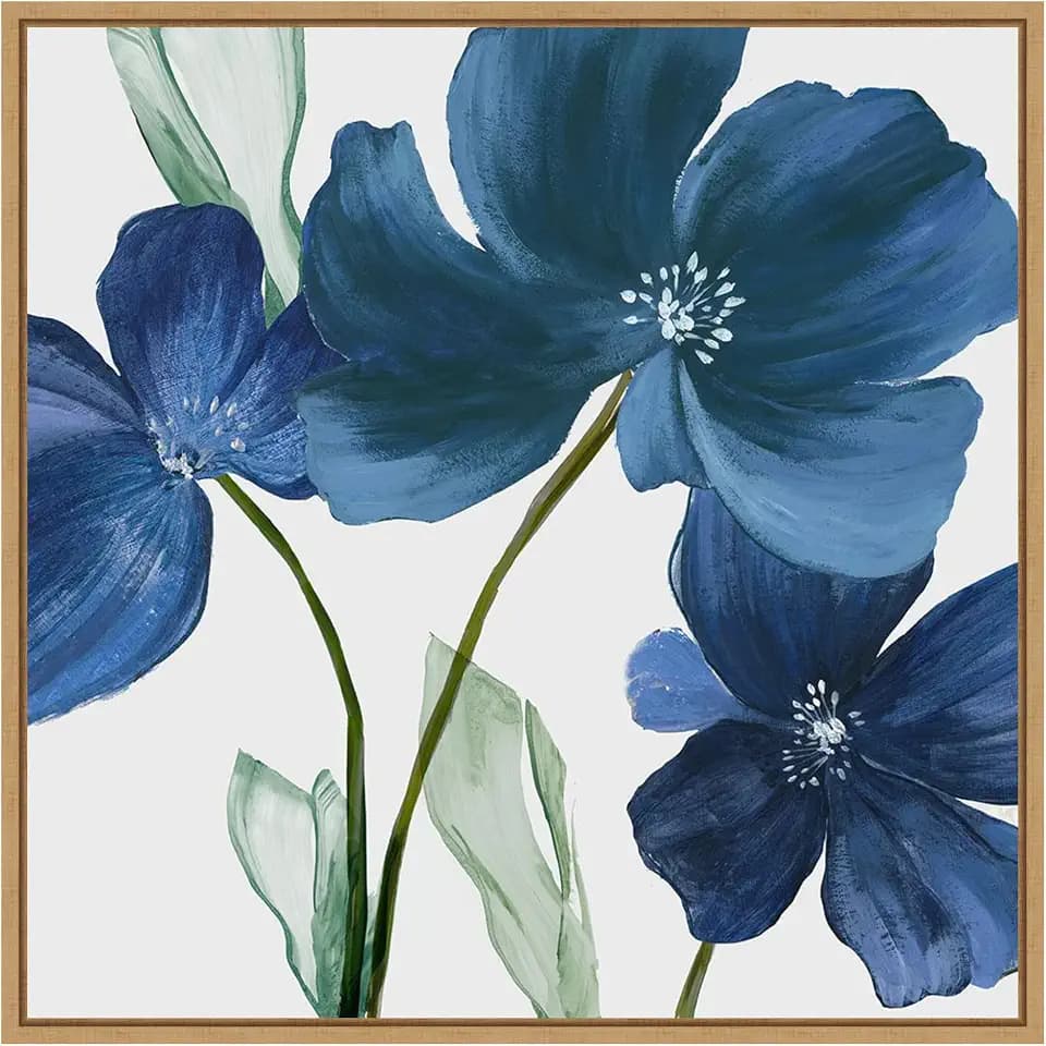 Amanti Art Framed Canvas Wall Art 30x30 Blue Blossoms on White Canvas by PI Studio, Framed Wall Art Canvas, Abstract Artwork, Modern Decor, Large Poster Painting for Living Room, Bedroom, Bathroom