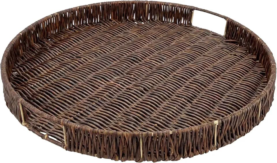 Round Ottoman Tray Large Wicker Serving Tray with Handles, 20 Inch Handwoven Plastic Rattan Tube