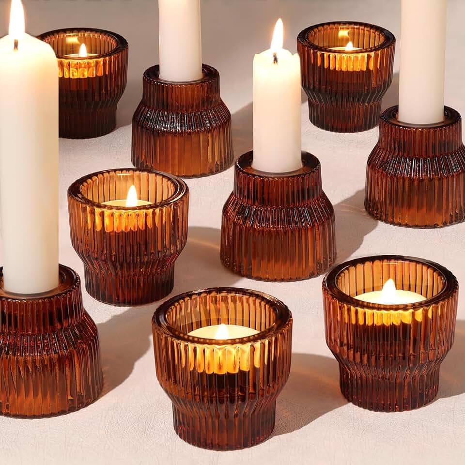 12 Pack Amber Taper Candle Holders, Glass Tea Light Candlestick Holders