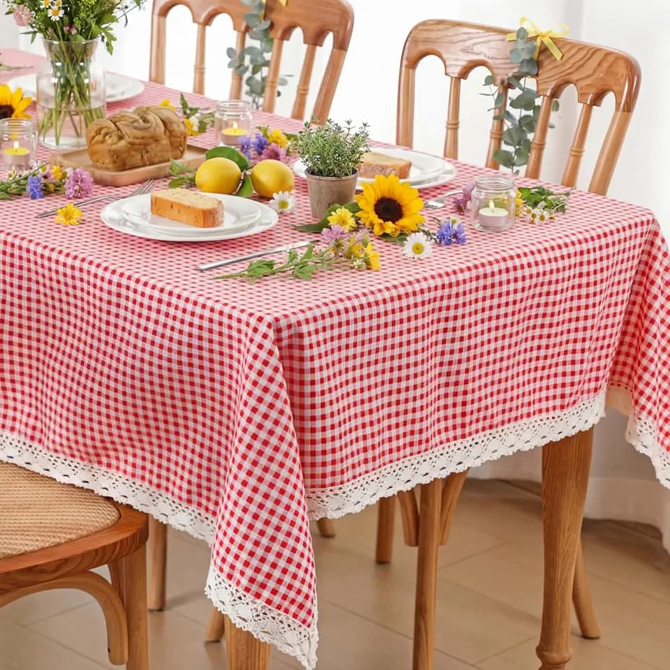 Moukeren 52 x 70 Inch Red and White Gingham Tablecloth with Lace Trim