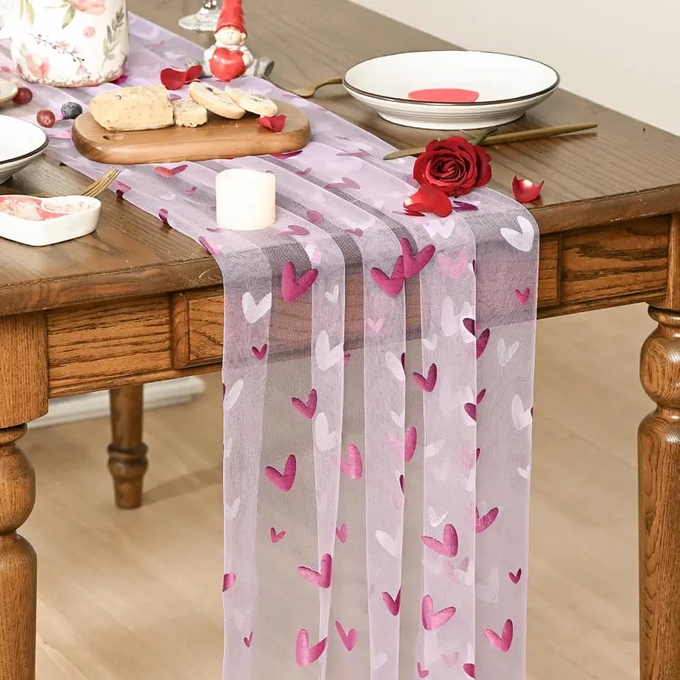 Artoid Mode Pink Heart Gauze Table Runner 120 Inch 10FT,Glitter Metallic Foil Valentine’s Day Sheer Dining Anniversary Wedding Table Decor for Home Party
