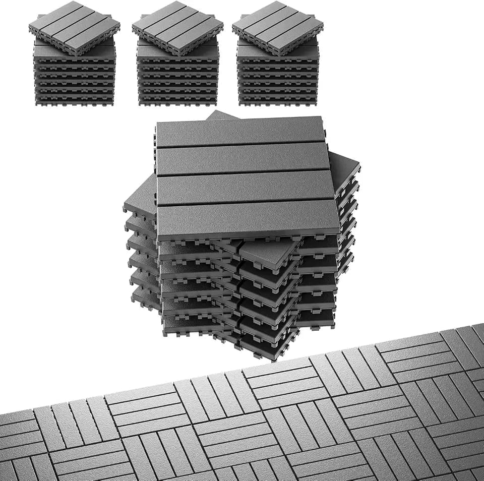 EchoDeck Interlocking Deck Tiles,9 Pack Patio Tiles Outdoor Interlocking All Weather,Patio Deck Tiles,12"x12",Woodgrain,Sturdy Base,Highly Durable,Stylish,Non-Slip,Faster-Drying,Efficient,Dark Grey