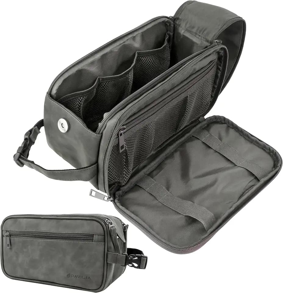 PAVILIA Toiletry Bag for Men, Travel Essentials Shaving Dopp Kit, Mens Travel Bag Toiletries Organizer Case for Grooming, PU Leather Water Resistant Cosmetic Bag Pouch (Dark Grey)