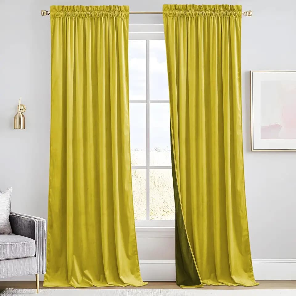 RYB HOME Chartreuse Yellow Velvet Curtains 84 inches Bedroom Living Room