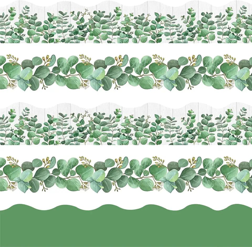 VABAMNA 85ft Bulletin Board Borders Decorations, Eucalyptus Classroom Decor, Eucalyptus Greenery Scalloped Border Trim for Teacher School Office Supplies Classroom Door Wall Decor, 5 Patterns