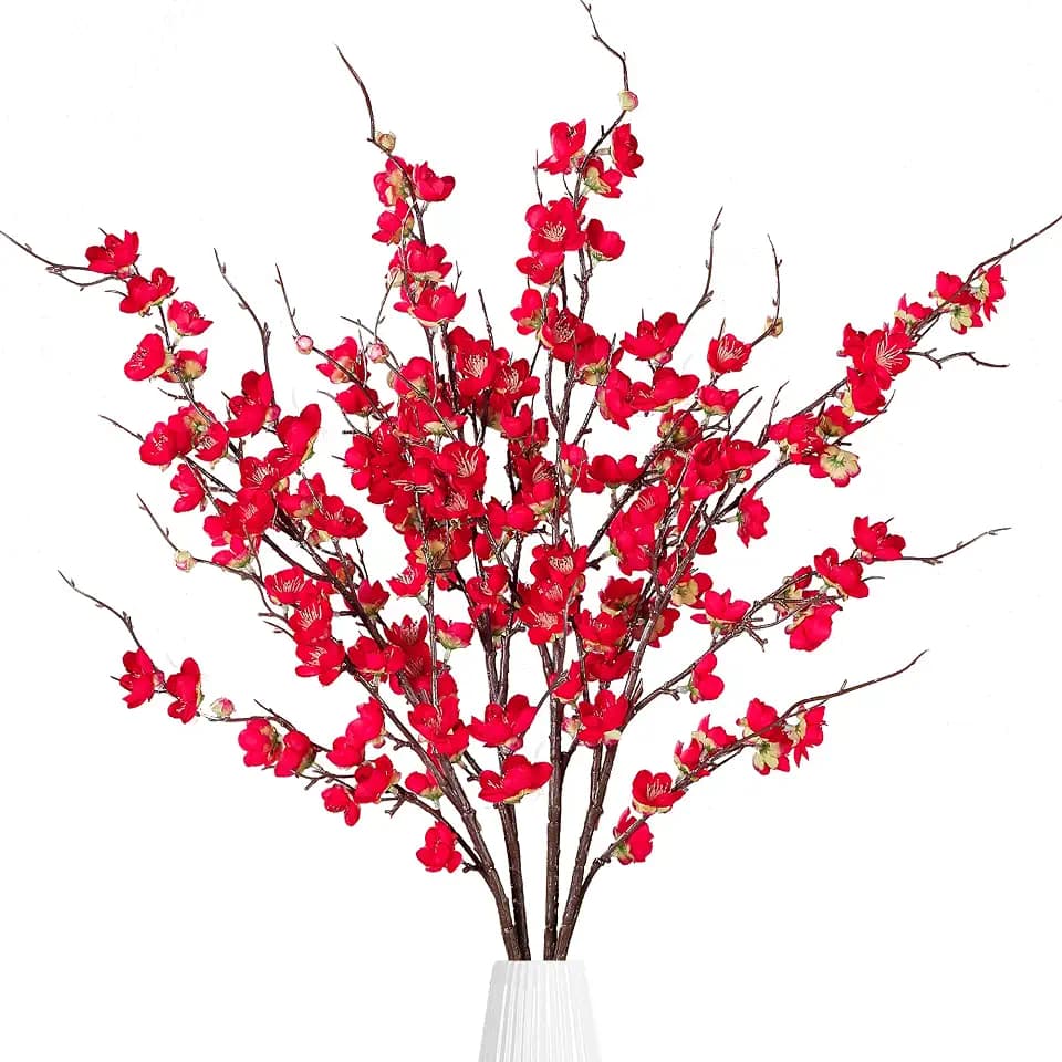 Sggvecsy Artificial Plum Blossom Flowers 4 Pcs Faux Cherry Blossom Stems Faux Silk Plum Blossom Branches 36.2’’ Fake Flowers Long Stems for Vase Arrangements Home Wedding Table Decor (Red)