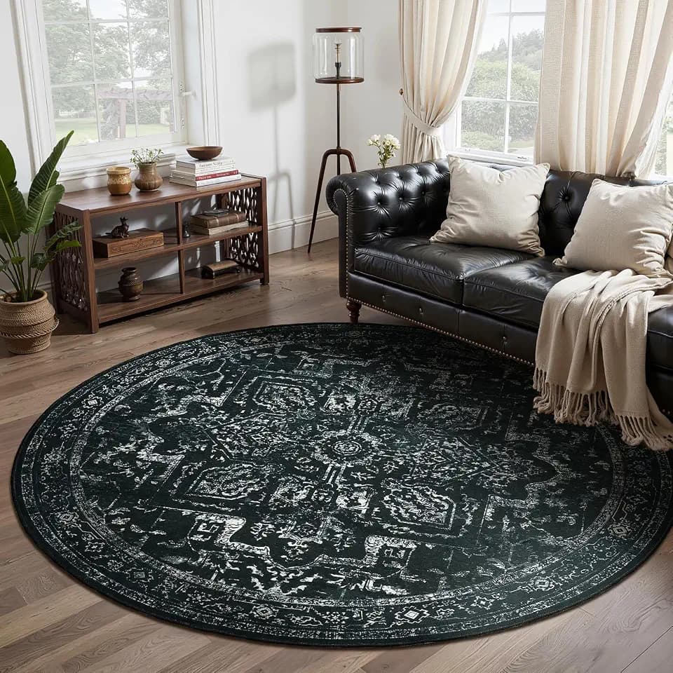 Dark Black White Round Rugs 6ft for Living Room, Washable Non Slip Low Pile 6 Feet Circle Rug for Dining Room Kitchen, Contemporary Vintage Medallion 6x6 Round Carpet for Bedroom Home Office