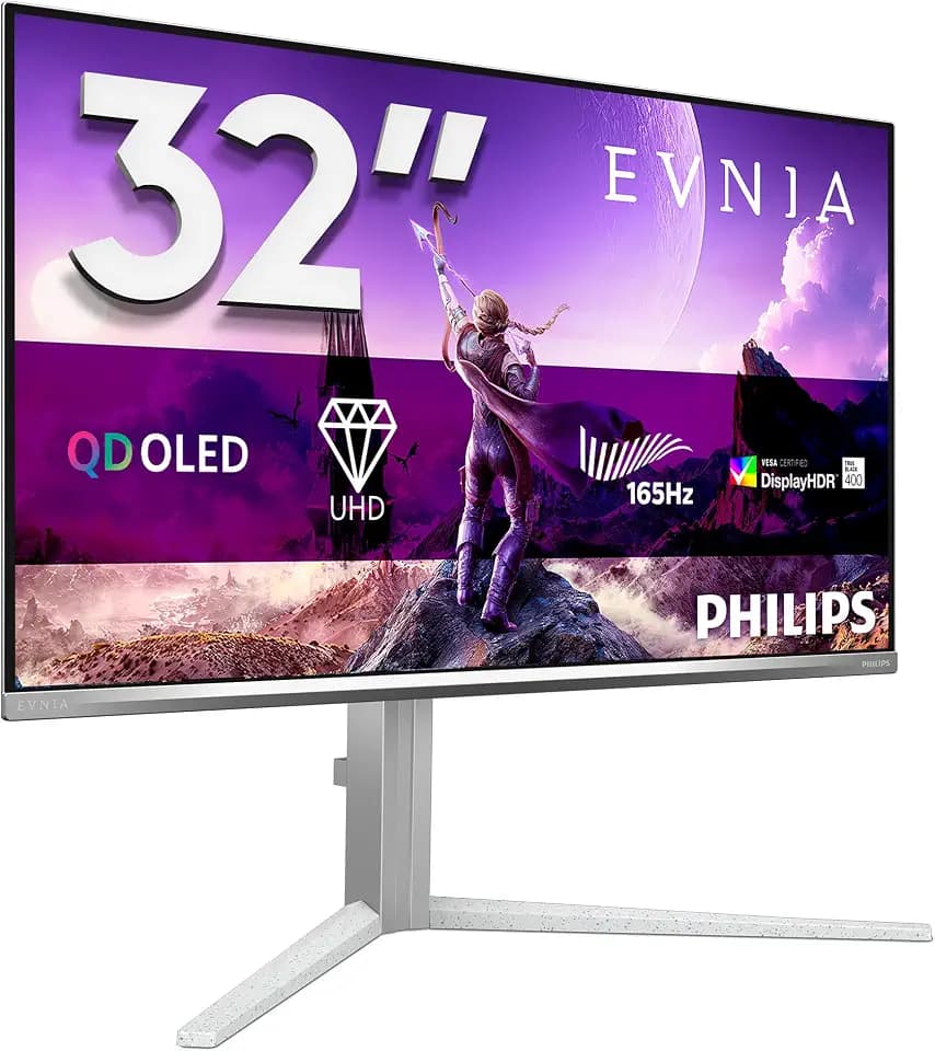 PHILIPS 32M2N6901A 32 Zoll UHD USB Hub Monitor, 165HZ, QD-OLED Panel, 0.03ms GtG, HDR400 TrueBlack, FreeSync Prem. Pro, G-Sync Compatible, Höhenverstellung,(3840x2160 HDMI 2X 2.1 DP 1x 1.4) Weiß