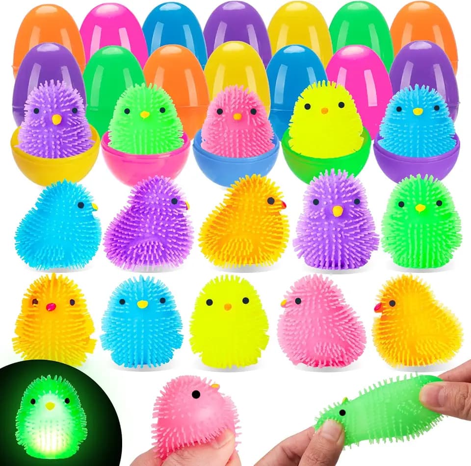 Budbof 24 Pack Easter Egg Fillers LED Light Up Chick Puffer Balls, Glow Stress Relief Fidget Sensory Squeeze Toys for Kids Boys Girls Toddler Teens, Easter Basket Stuffers Egg Hunt Party Favors Gifts