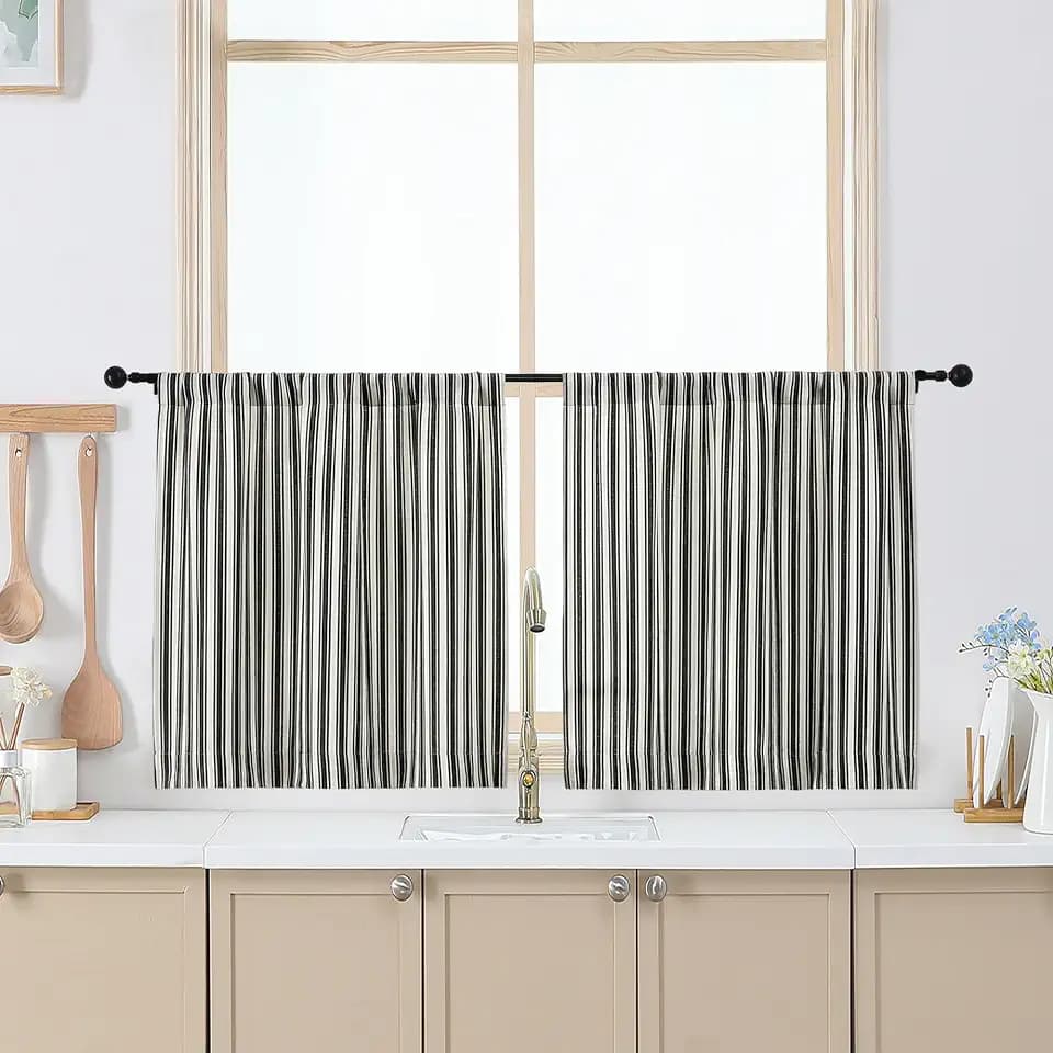 Chyhomenyc Striped Boho Curtains 24 Inch Length - Light Filtering Faux Linen Half Window Cafe Curtains, Farmhouse Short Curtain Tiers for Bathroom RV Camper, 30Wx24L, 2 Pieces, Black