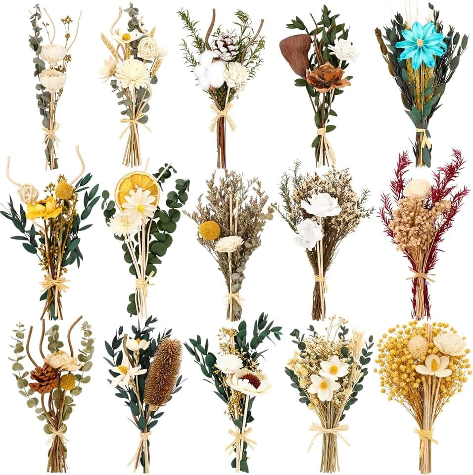 Sawysine 15 Sets Reed Diffuser Sticks Flowers Natural Rattan, Dried Flowers
