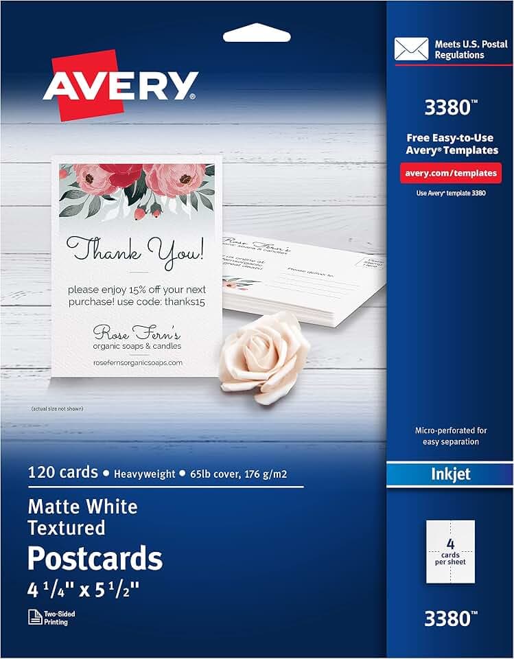 Avery Printable Postcards, 4.25" x 5.5", Matte White, Laser & Inkjet Compatible, 120 Blank Cards Total, Great for Product Branding, Marketing, and More (3380)