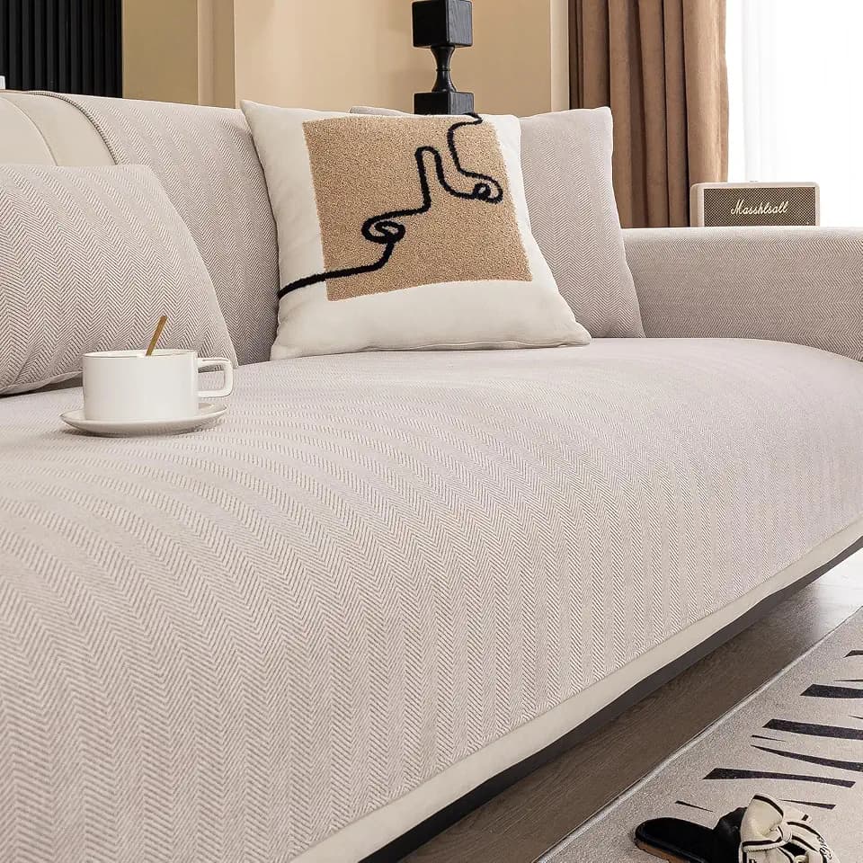Chenille Sectional Sofa Couch Covers, Herringbone Couch Sofa Covers Washable for Dogs, Funny Fuzzy Couch Covers for Sofa Non Slip Protector for L Shaped(Beige Brown, 36"x 94")
