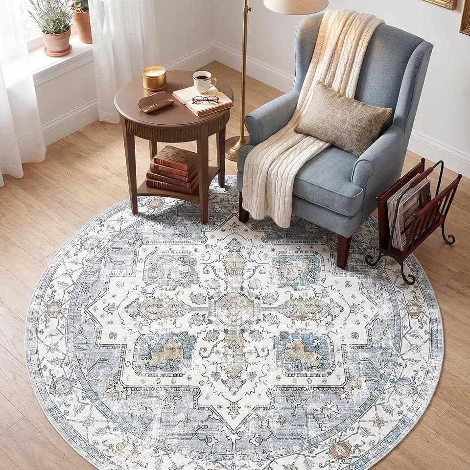 jinchan 6ft Round Rug Vintage Medallion Washable Area Rug, Blue/Gray
