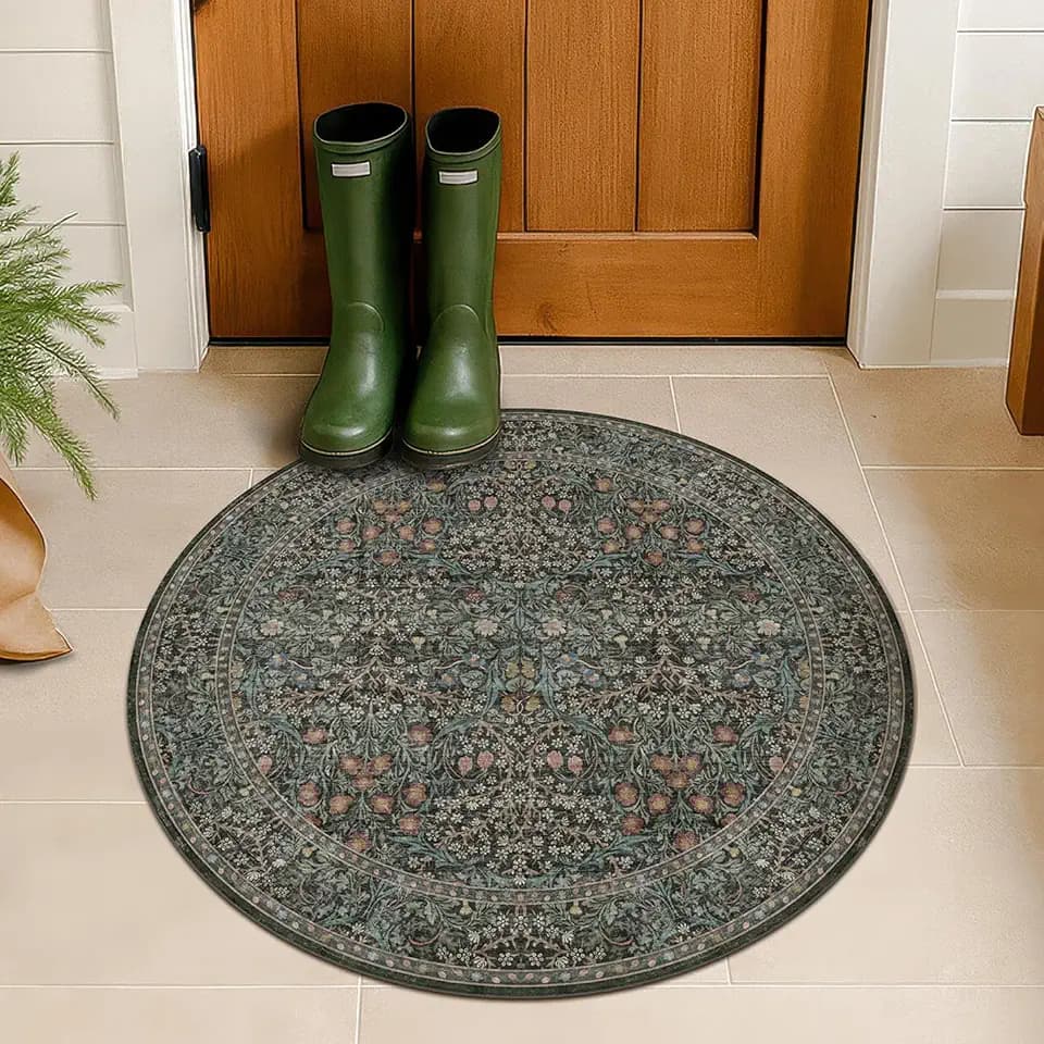 Vintage 3ft Round Washable Entryway Rug, Soft Small Round Area Rugs for Indoor Door Mat, Bedroom, Kitchen, Bathroom, Living Room, Ultra-Thin Non-Slip Dark Green Floral Front Door Circle Rug Décor