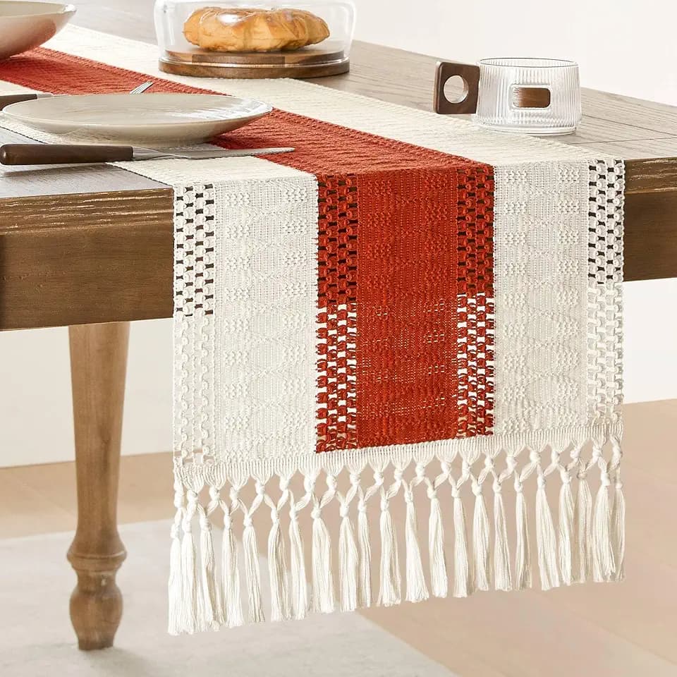 ZeeMart Macrame Style Bicolor Stitching Table Runner 14x90in Orange