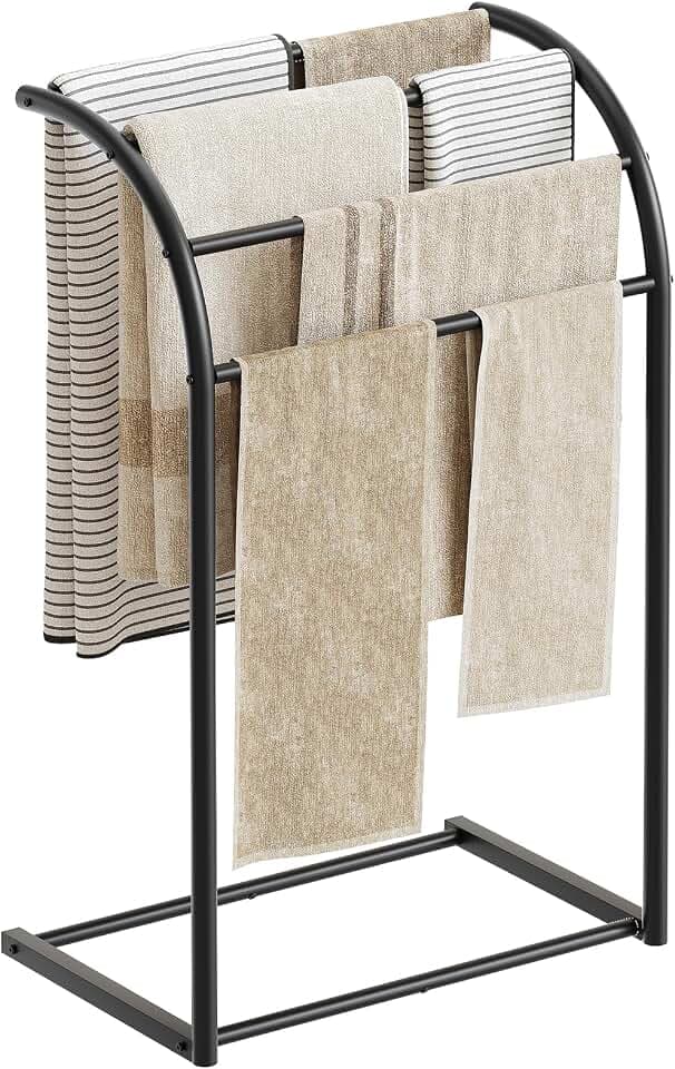 YATINEY Free Standing Towel Rack, 4-Tier Blanket Rack for Bathroom, Pool Towel Stand Display and Drying Rack, Modern Towel Blanket Storage Organizer, Black CJ07BK