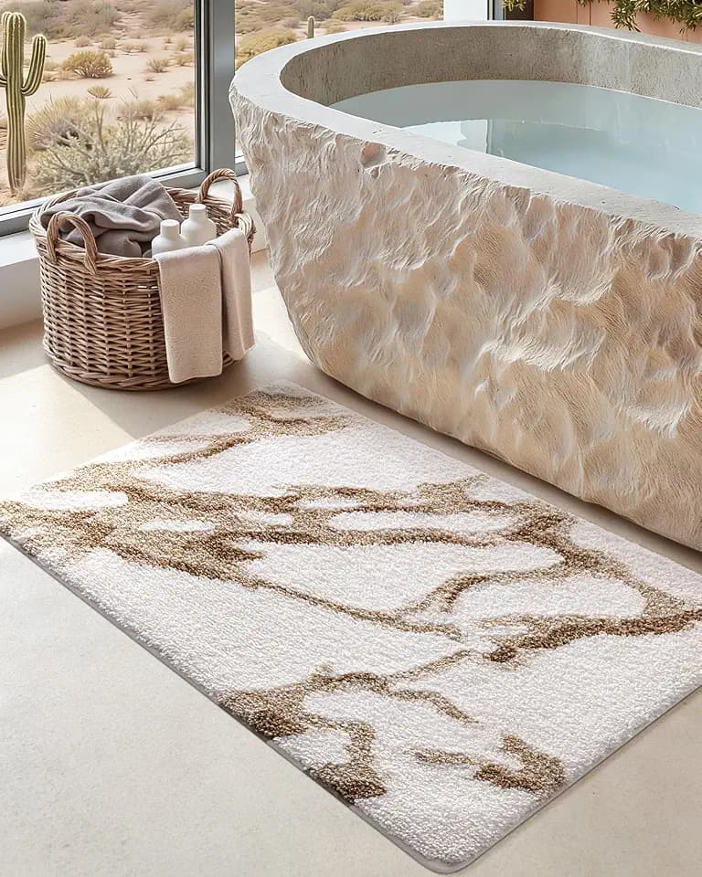 DEXI Marble Bath Mat 36x24, Bathroom Rug Non Slip Washable, White and Beige