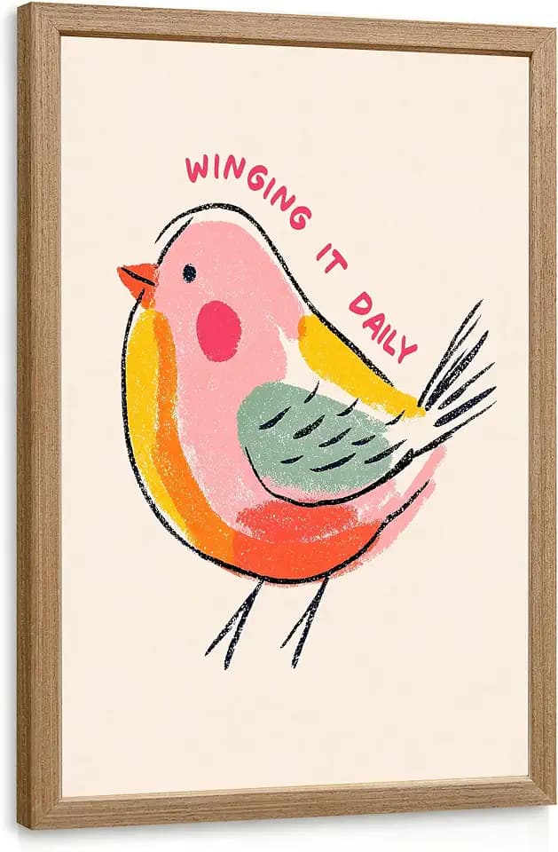 INJOLLY Wood Framed Winging It Daily Bird Nursery Wall Art 12x16 in