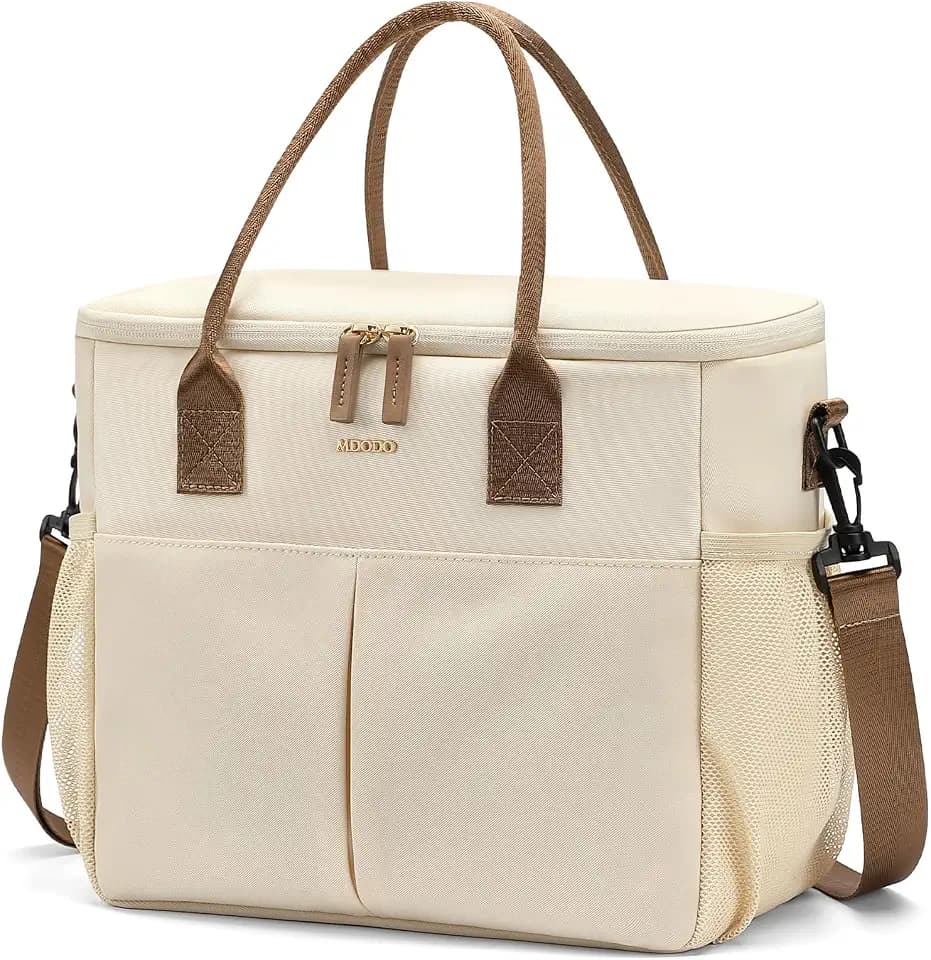 MDODO Insulated Lunch Bag with Shoulder Strap,12.8L Cooler Lunch Tote,Beige