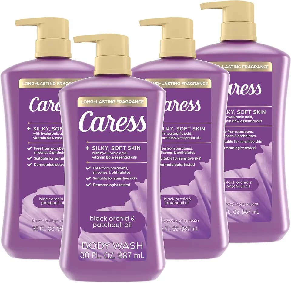 Caress Black Orchid & Patchouli Oil Body Wash with Pump, Hyaluronic Acid & Vitamin B3 for Moisturized, Silky Soft Skin, Long-Lasting Exotic Fragrance, 30 fl oz (4 Pack)