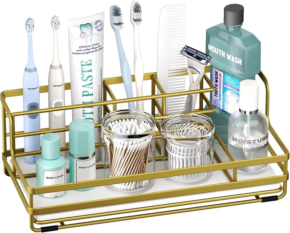 HapiRm Toothbrush Holders for Bathroom - 5 Partitions Bathroom Counter Organizer with Instant Drying Stone, Stainless Steel Countertop Storage Electric Toothbrush Toothpaste Holder - Gold