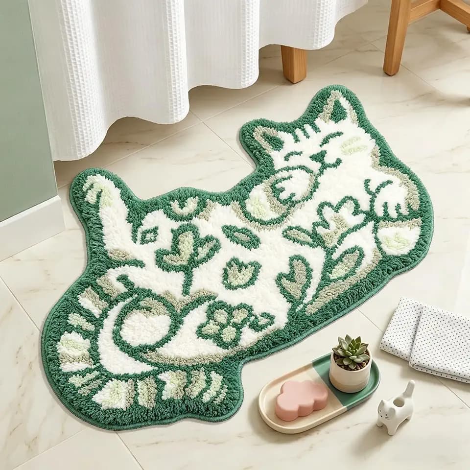 Cute Cat Bath Mat, Unique Green Small Fun Bathroom Rug