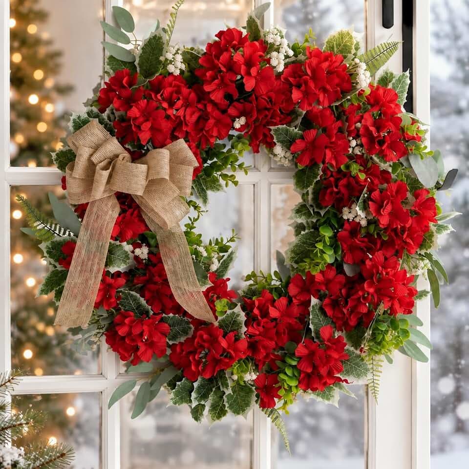 NUPTIO Geranium Wreath for Front Door: Christmas Red Wreaths, 24 Inch