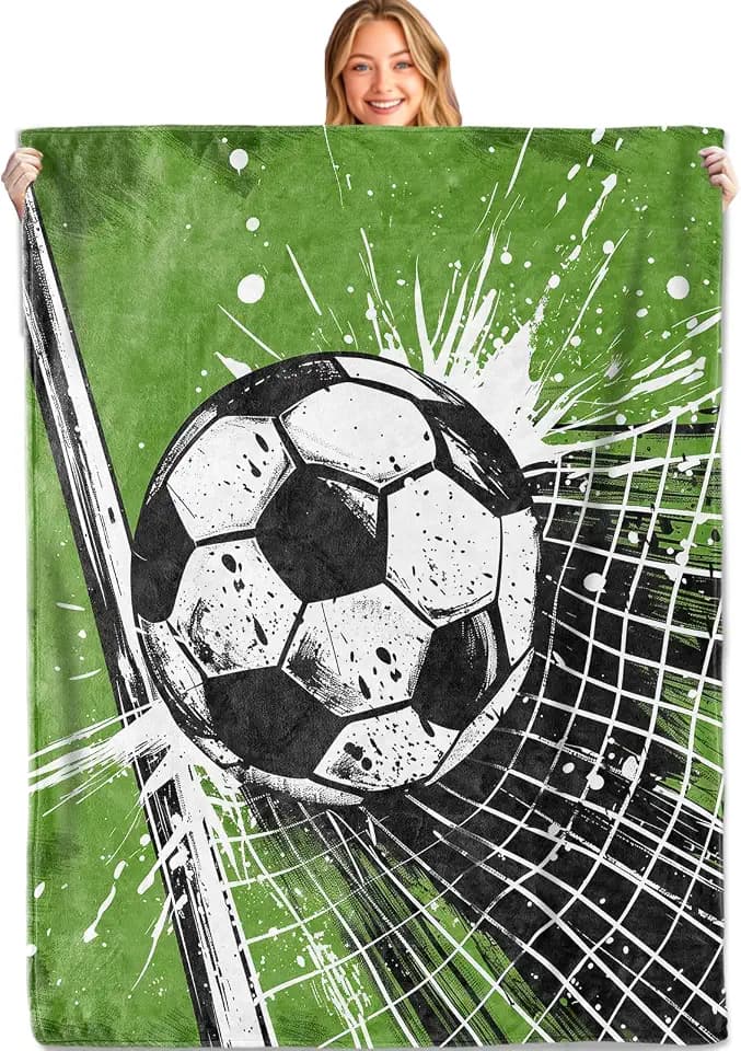 Soccer Ball Goal Throw Blanket, 50x60in, Soft, Lightweight Flannel, Cool Sport Dynamic Green Splash Design with Net Impact Blankets, Gifts for Players Coaches Men, for Home Living Room Decor