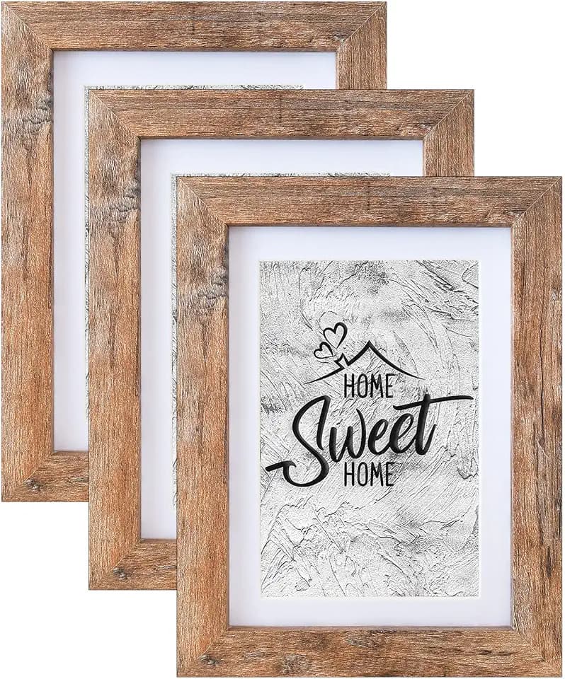 Califortree 3 Pack Rustic Brown 5x7 Wood Picture Frame, 4x6 Photo Display with Mat, Shatterproof Plexiglass, Wall & Tabletop Multi-Direction Display