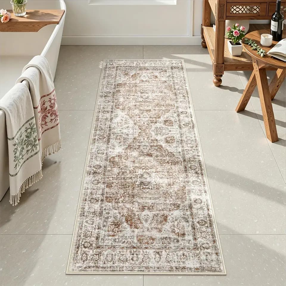 Uphome Bathroom Rugs Runner, Distressed Farmhouse Boho Khaki Bath Mat, Non Slip Washable Long Bath Rugs, Vintage Traditonal Soft Velvet Bathroom Runner for Bathtub Sink Shower, 20x60 inch