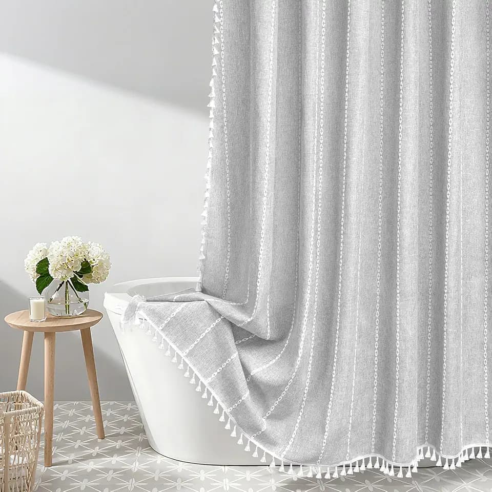 Seenus 72 x 76 inch Extra Long Boho Chic Shower Curtain Heavyweight with Tassels, Grey Linen Textured Fabric Farmhouse Shower Curtain, Elegant Gray White Striped Bathroom Curtain Water Repellent