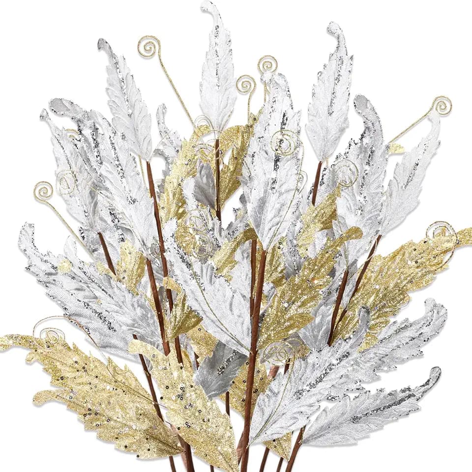 HyDren 10 Pcs Christmas Glitter Leaves Ornaments, Gold and Silver