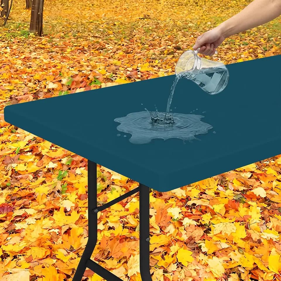 Smiry Rectangle Tablecloth, Elastic Fitted Flannel Backed Vinyl Tablecloths for 8ft Folding Tables, Waterproof Wipeable Table Covers for Indoor, Outdoor, Camping and Picnic (Peacock Blue, 30"x96")