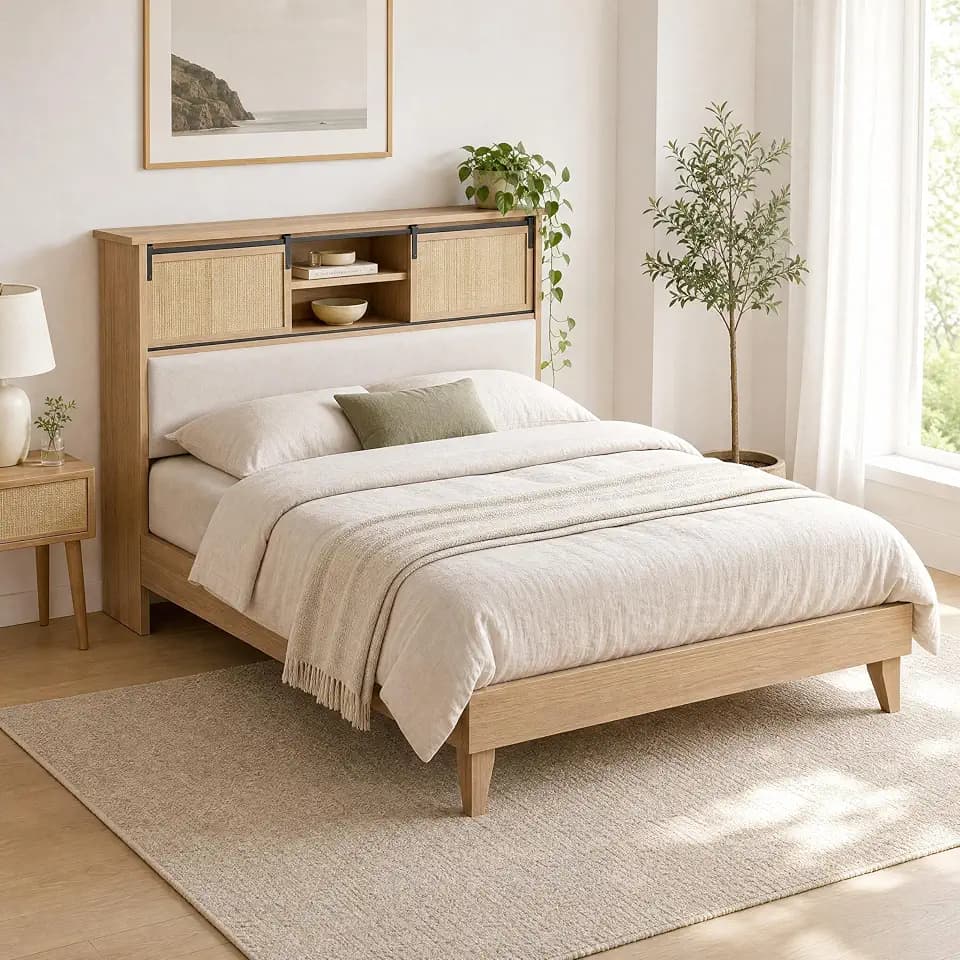 GarveeHome Full Size Solid Wood Bed Frame with Storage Headboard, Rattan