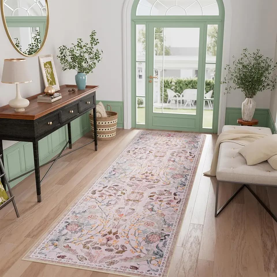 AMTOVO 2.7x8 Runner Rug for Hallway, Washable Non-Slip Long Kitchen Carpet, Floral Vintage Distressed Floor Mat for Hallways Entryway Living Room Laundry Room Bathroom Farmhouse, Pink